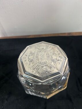 Octagonal Cut Glass Dresser Jar with Engraved Sterling silver lid